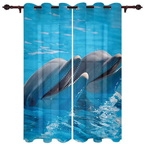 MDKLXIDF Vorhang Blcikdicht Blauer Delphin Wohnzimmer Gardinen Modern H 245 x B 140 cm 2er Set, Schallschutz Vorhang mit Ösen für Schlafzimmer von MDKLXIDF