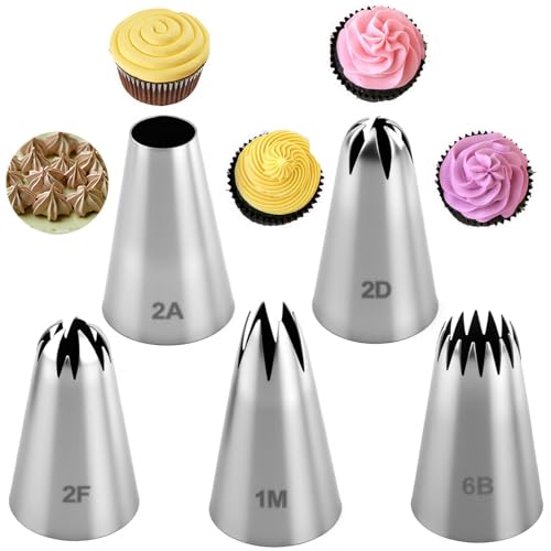 5 Stück Spritztüllen Groß, Edelstahl Tüllen für Spritzbeutel Spritztüllen Set 1M 2A 2D 2F 6B für Kuchen Dekorieren Cupcakes Torten Zuckerguss Spritzgebäck Dekorieren Cakes Muffins DIY Backen Zubehör von MDLSDE