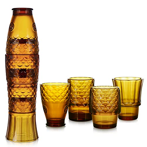 MDLUU 4 Stück stapelbare Trinkgläser, geprägte Glasbecher, Fischstapelgläser, kreative farbige Tassen für Cocktail, Saft, alkoholfreie Getränke (Bernstein) von MDLUU