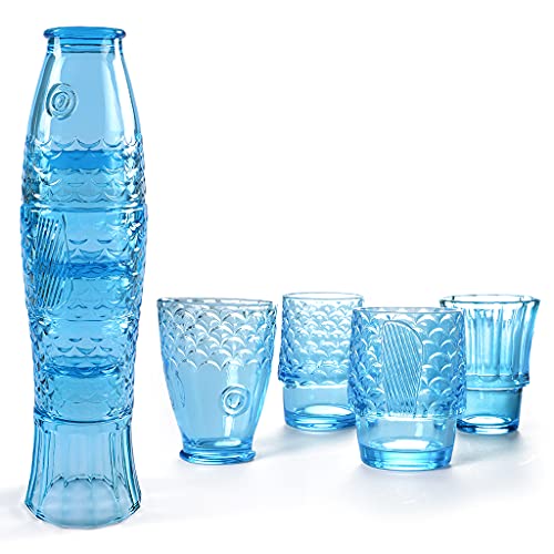 MDLUU Trinkgläser mit Fisch-Design, stapelbare Trinkgläser, farbige Glasbecher, nautische Gläser als Geschenk, 4 Stück (blau) von MDLUU