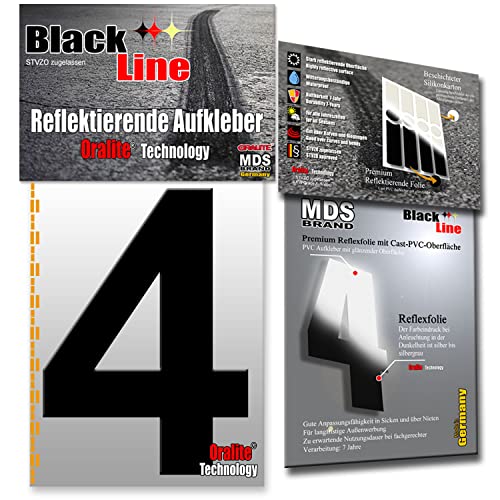 MDS Brand 15cm Design Reflektierende Zahlen Aufkleber | LKW Marking Grade reflektoren für Hausnummer & Mülltonnen | Selbstklebende Klebezahlen & Wetterfest R-15 Schwarz (4) von MDS Brand