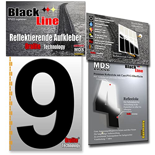 MDS Brand 15cm Design Reflektierende Zahlen Aufkleber | LKW Marking Grade reflektoren für Hausnummer & Mülltonnen | Selbstklebende Klebezahlen & Wetterfest R-15 Schwarz (9) von MDS Brand