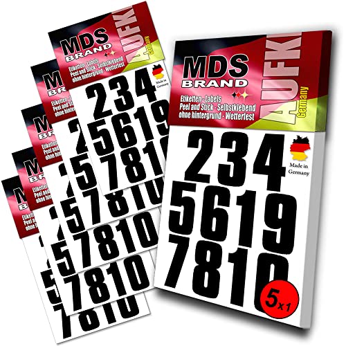 MDS Brand 5cm Zahlen Aufkleber Schwarz | Selbstklebende Klebezahlen | Vinyl Hausnummern zum Aufkleben für Briefkasten, Mülltonnen, Hausnummer für Außen & Innen Schwarz (5xpk) von MDS Brand