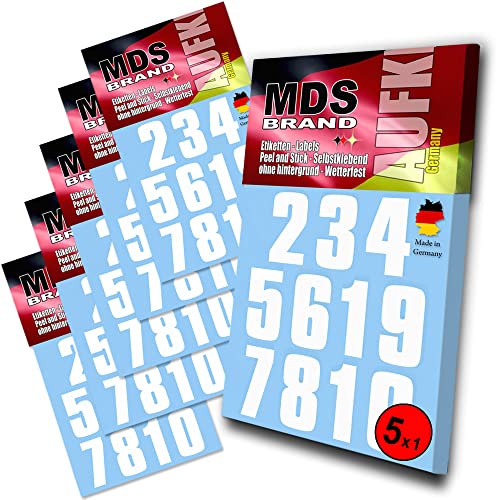 MDS Brand 5cm Zahlen Aufkleber Weiss | Selbstklebende Klebezahlen | Vinyl Hausnummern zum Aufkleben für Briefkasten, Mülltonnen, Hausnummer für Außen & Innen Weiss (5xpk) (Weiss) von MDS Brand