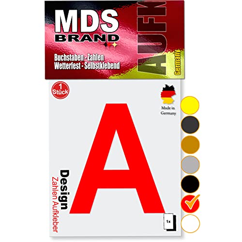 MDS Brand 10cm Design Buchstaben Aufkleber A-Z Selbstklebende Klebebuchstaben | Wetterfest Alphabet zum Aufkleben für Briefkasten, Auto, Mülltonne, Vinyl Buchstaben für Außen & Innen (Rot, A) von MDS Brand