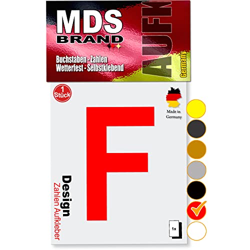 MDS Brand 10cm Design Buchstaben Aufkleber A-Z Selbstklebende Klebebuchstaben | Wetterfest Alphabet zum Aufkleben für Briefkasten, Auto, Mülltonne, Vinyl Buchstaben für Außen & Innen (Rot, F) von MDS Brand