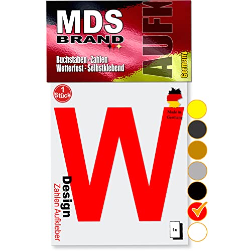 MDS Brand 10cm Design Buchstaben Aufkleber A-Z Selbstklebende Klebebuchstaben | Wetterfest Alphabet zum Aufkleben für Briefkasten, Auto, Mülltonne, Vinyl Buchstaben für Außen & Innen (Rot, W) von MDS Brand