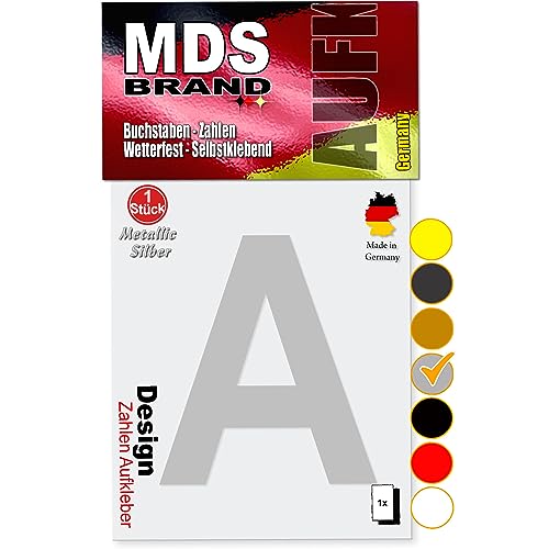 MDS Brand 10cm Design Buchstaben Aufkleber A-Z Selbstklebende Klebebuchstaben | Wetterfest Alphabet zum Aufkleben für Briefkasten, Auto, Mülltonne, Vinyl Buchstaben für Außen & Innen (Silber, A) von MDS Brand