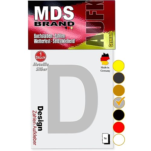 MDS Brand 10cm Design Buchstaben Aufkleber A-Z Selbstklebende Klebebuchstaben | Wetterfest Alphabet zum Aufkleben für Briefkasten, Auto, Mülltonne, Vinyl Buchstaben für Außen & Innen (Silber, D) von MDS Brand