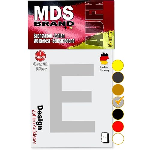 MDS Brand 10cm Design Buchstaben Aufkleber A-Z Selbstklebende Klebebuchstaben | Wetterfest Alphabet zum Aufkleben für Briefkasten, Auto, Mülltonne, Vinyl Buchstaben für Außen & Innen (Silber, E) von MDS Brand