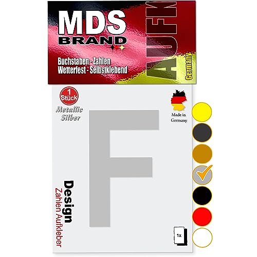 MDS Brand 10cm Design Buchstaben Aufkleber A-Z Selbstklebende Klebebuchstaben | Wetterfest Alphabet zum Aufkleben für Briefkasten, Auto, Mülltonne, Vinyl Buchstaben für Außen & Innen (Silber, F) von MDS Brand