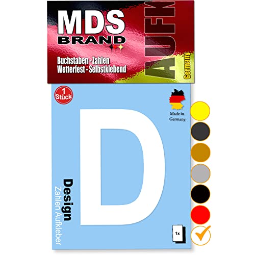 MDS Brand 10cm Design Buchstaben Aufkleber A-Z Selbstklebende Klebebuchstaben | Wetterfest Alphabet zum Aufkleben für Briefkasten, Auto, Mülltonne, Vinyl Buchstaben für Außen & Innen (Weiss, D) von MDS Brand