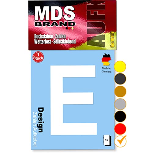 MDS Brand 10cm Design Buchstaben Aufkleber A-Z Selbstklebende Klebebuchstaben | Wetterfest Alphabet zum Aufkleben für Briefkasten, Auto, Mülltonne, Vinyl Buchstaben für Außen & Innen (Weiss, E) von MDS Brand