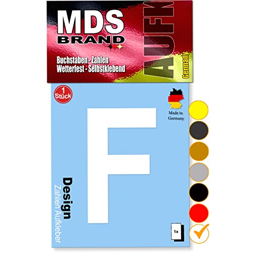 MDS Brand 10cm Design Buchstaben Aufkleber A-Z Selbstklebende Klebebuchstaben | Wetterfest Alphabet zum Aufkleben für Briefkasten, Auto, Mülltonne, Vinyl Buchstaben für Außen & Innen (Weiss, F) von MDS Brand