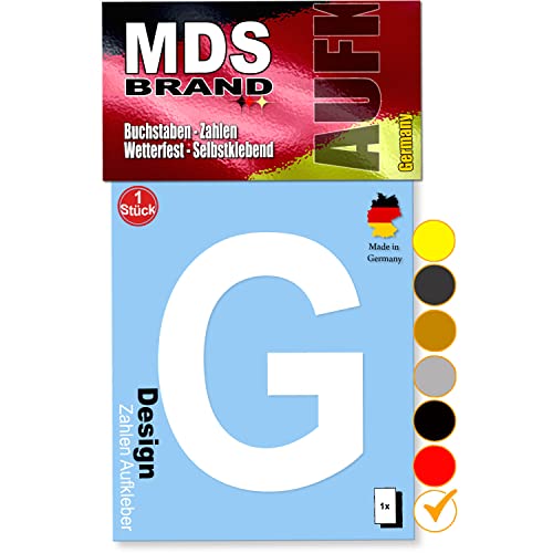 MDS Brand 10cm Design Buchstaben Aufkleber Selbstklebende Klebebuchstaben | Wetterfest Alphabet zum Aufkleben für Briefkasten, Auto, Mülltonne, Vinyl Buchstaben für Außen & Innen (Weiss, G) von MDS Brand