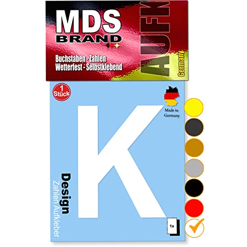 MDS Brand 10cm Design Buchstaben Aufkleber A-Z Selbstklebende Klebebuchstaben | Wetterfest Alphabet zum Aufkleben für Briefkasten, Auto, Mülltonne, Vinyl Buchstaben für Außen & Innen (Weiss, K) von MDS Brand