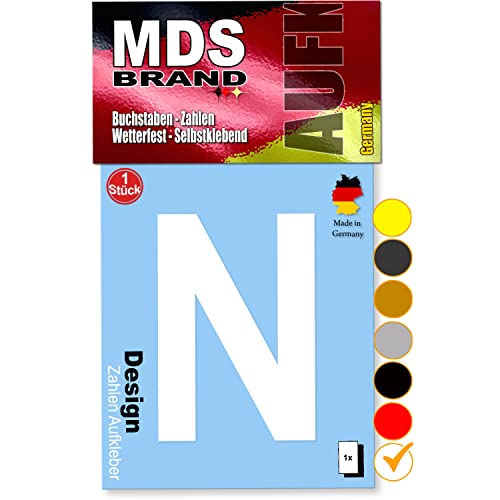 MDS Brand 10cm Design Buchstaben Aufkleber Selbstklebende Klebebuchstaben | Wetterfest Alphabet zum Aufkleben für Briefkasten, Auto, Mülltonne, Vinyl Buchstaben für Außen & Innen (Weiss, N) von MDS Brand