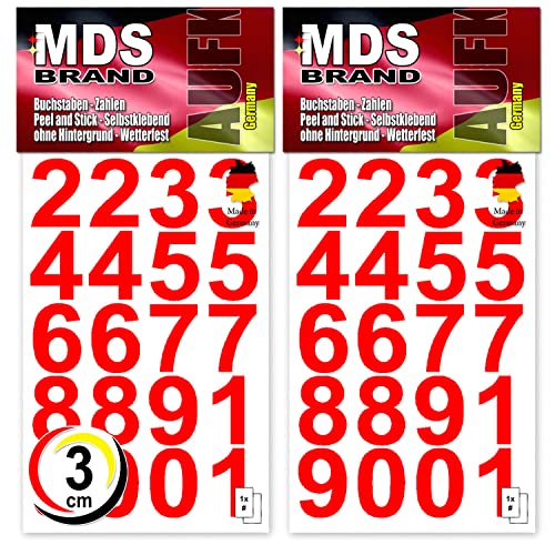MDS Brand 3cm Zahlen Aufkleber Rot | Selbstklebende Klebezahlen | Vinyl Hausnummern zum Aufkleben für Briefkasten, Mülltonnen, Hausnummer für Außen & Innen Peel (3cm, Rot) von MDS Brand