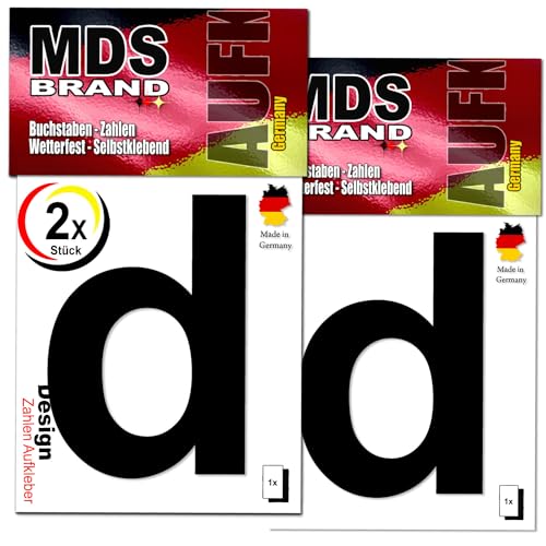 MDS Brand Design 9cm Buchstaben Aufkleber 2x/st | Selbstklebende Klebezahlen für Briefkasten, Mülltonne, Hausnummer Aufkleber für Außen & Innen (d, Schwarz) von MDS Brand