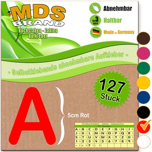 MDS Brand A-Z 5cm Buchstaben Aufkleber & Zahlen 6-Farben | Selbstklebende & Matt – neu positionierbar, einfach zum basteln & gestalten, Ideal für Scrapbook, Schaufenster & DIY-Projekte (Rot) von MDS Brand