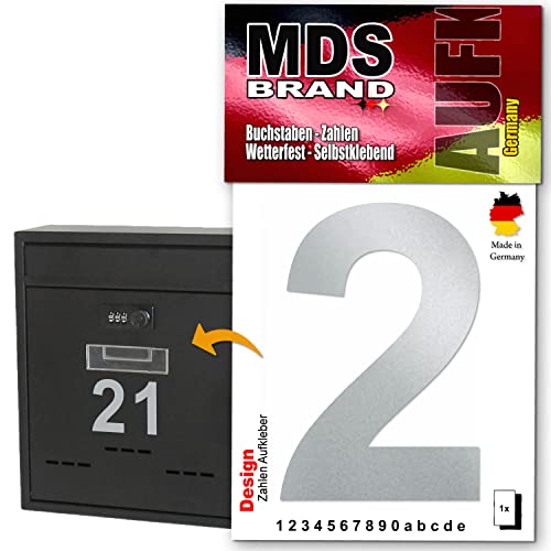 MDS Brand Design 10cm Zahlen Aufkleber, Selbstklebende Klebezahlen für Briefkasten, Mülltonne, Hausnummer Aufkleber für Außen & Innen Silber (2) von MDS Brand