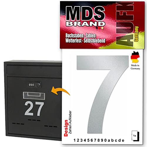 MDS Brand Design 10cm Zahlen Aufkleber, Selbstklebende Klebezahlen für Briefkasten, Mülltonne, Hausnummer Aufkleber für Außen & Innen Silber (7) von MDS Brand