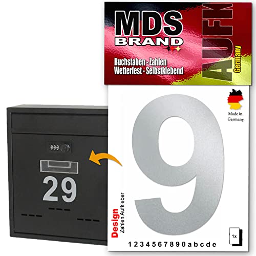 MDS Brand Design 10cm Zahlen Aufkleber, Selbstklebende Klebezahlen für Briefkasten, Mülltonne, Hausnummer Aufkleber für Außen & Innen Silber (9) von MDS Brand