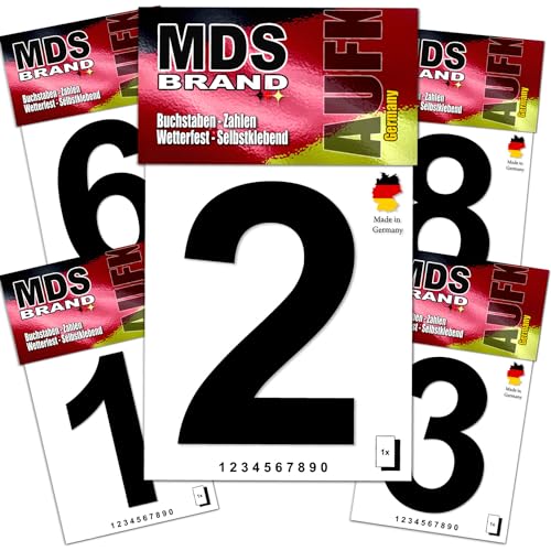 MDS Brand Design 10cm Zahlen Aufkleber 1x/Pk Zahlen Aufkleber groß | Selbstklebende Klebezahlen wetterfest für Briefkasten, Mülltonne & Hausnummeren Aufkleber für Außen & Innen Schwarz (0-9 Pack) von MDS Brand