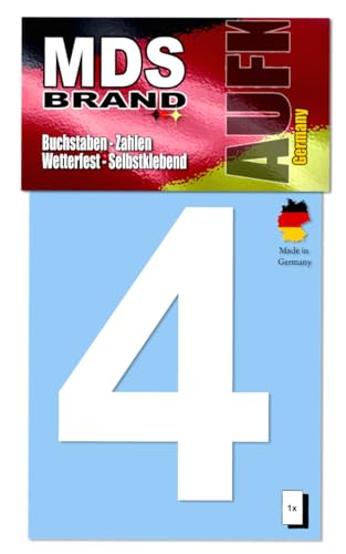 MDS Brand Design 10cm Zahlen Aufkleber | Selbstklebende Klebezahlen für Briefkasten, Mülltonne, Hausnummer Aufkleber für Außen & Innen (4, 10cm-Weiß) von MDS Brand