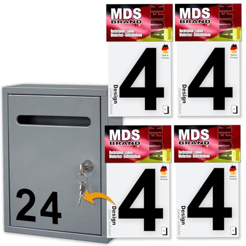 MDS Brand Design 10cm Zahlen Aufkleber | Selbstklebende Klebezahlen für Briefkasten, Mülltonne, Hausnummer Aufkleber für Außen & Innen Schwarz (4) von MDS Brand