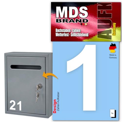 MDS Brand Design 10cm Zahlen Aufkleber | Selbstklebende Klebezahlen für Briefkasten, Mülltonne, Hausnummer Aufkleber für Außen & Innen Weiss (1) von MDS Brand