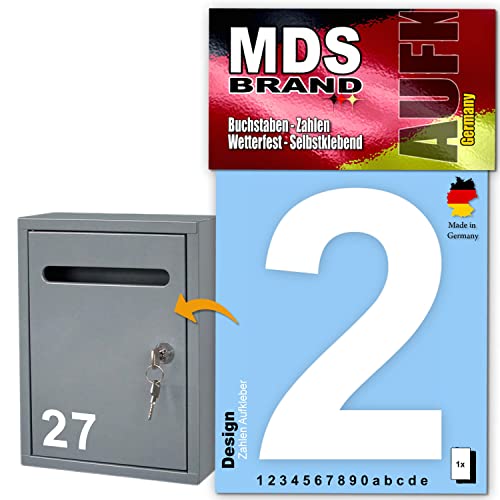 MDS Brand Design 10cm Zahlen Aufkleber | Selbstklebende Klebezahlen für Briefkasten, Mülltonne, Hausnummer Aufkleber für Außen & Innen Weiss (2) von MDS Brand