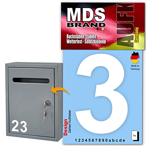 MDS Brand Design 10cm Zahlen Aufkleber | Selbstklebende Klebezahlen für Briefkasten, Mülltonne, Hausnummer Aufkleber für Außen & Innen Weiss (3) von MDS Brand