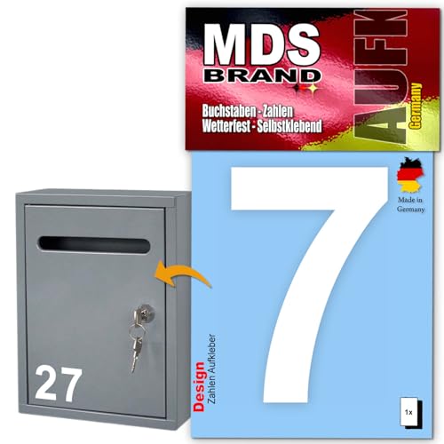 MDS Brand Design 10cm Zahlen Aufkleber | Selbstklebende Klebezahlen für Briefkasten, Mülltonne, Hausnummer Aufkleber für Außen & Innen Weiss (7) von MDS Brand