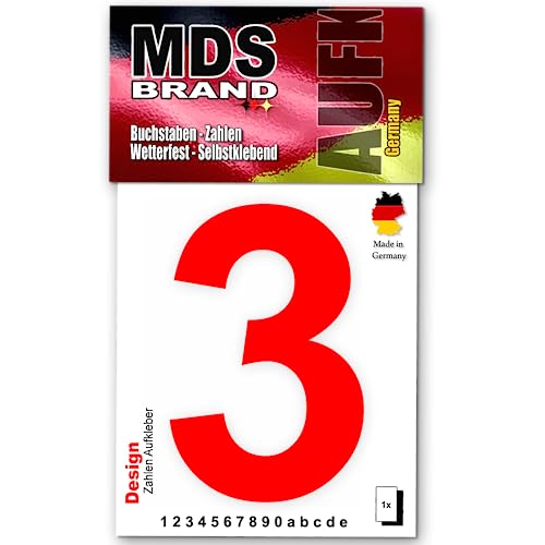 MDS Brand Design 10cm Zahlen Aufkleber Selbstklebende Klebezahlen für Briefkasten, Mülltonne & Hausnummeren Aufkleber für Außen & Innen, D-10-Rot (3) von MDS Brand
