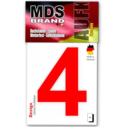 MDS Brand Design 10cm Zahlen Aufkleber Selbstklebende Klebezahlen für Briefkasten, Mülltonne & Hausnummeren Aufkleber für Außen & Innen, D-10-Rot (4) von MDS Brand