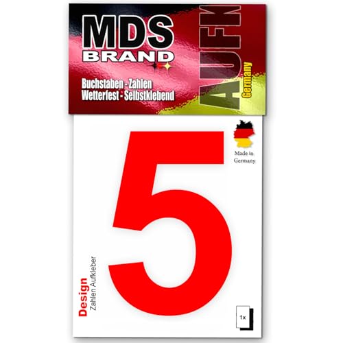 MDS Brand Design 10cm Zahlen Aufkleber Selbstklebende Klebezahlen für Briefkasten, Mülltonne & Hausnummeren Aufkleber für Außen & Innen, D-10-Rot (5) von MDS Brand