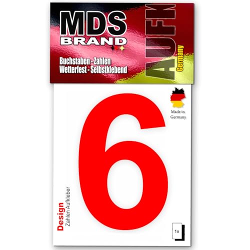 MDS Brand Design 10cm Zahlen Aufkleber Selbstklebende Klebezahlen für Briefkasten, Mülltonne & Hausnummeren Aufkleber für Außen & Innen, D-10-Rot (6) von MDS Brand