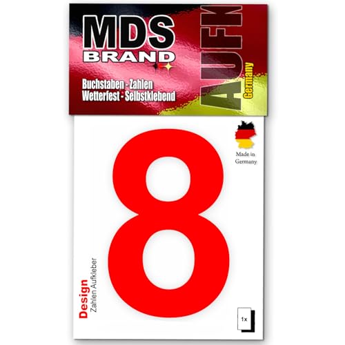 MDS Brand Design 10cm Zahlen Aufkleber Selbstklebende Klebezahlen für Briefkasten, Mülltonne & Hausnummeren Aufkleber für Außen & Innen, D-10-Rot (8) von MDS Brand