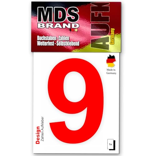 MDS Brand Design 10cm Zahlen Aufkleber Selbstklebende Klebezahlen für Briefkasten, Mülltonne & Hausnummeren Aufkleber für Außen & Innen, D-10-Rot (9) von MDS Brand