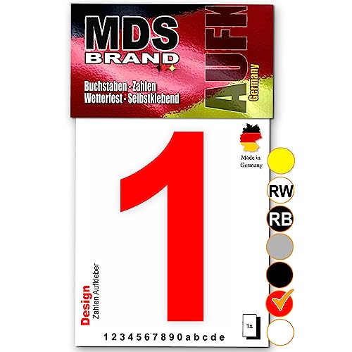 MDS Brand Design 15cm Zahlen Aufkleber Selbstklebende Klebezahlen für Briefkasten, Mülltonne & Hausnummeren Aufkleber für Außen & Innen, D-15 (1, Rot) von MDS Brand