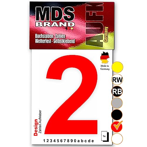 MDS Brand Design 15cm Zahlen Aufkleber Selbstklebende Klebezahlen für Briefkasten, Mülltonne & Hausnummeren Aufkleber für Außen & Innen, D-15 (2, Rot) von MDS Brand