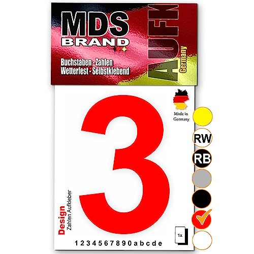 MDS Brand Design 15cm Zahlen Aufkleber Selbstklebende Klebezahlen für Briefkasten, Mülltonne & Hausnummeren Aufkleber für Außen & Innen, D-15 (3, Rot) von MDS Brand