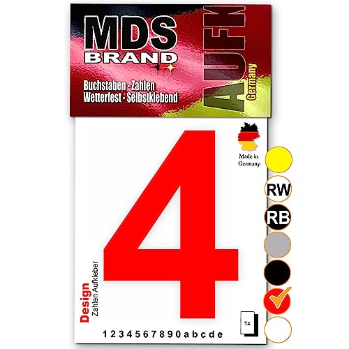 MDS Brand Design 15cm Zahlen Aufkleber Selbstklebende Klebezahlen für Briefkasten, Mülltonne & Hausnummeren Aufkleber für Außen & Innen, D-15 (4, Rot) von MDS Brand