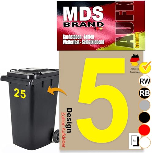 MDS Brand Design 15cm Zahlen Aufkleber Selbstklebende Klebezahlen für Briefkasten, Mülltonne & Hausnummeren Aufkleber für Außen & Innen, D-15 (5, Gelb) von MDS Brand