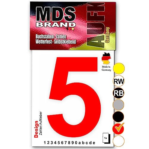 MDS Brand Design 15cm Zahlen Aufkleber Selbstklebende Klebezahlen für Briefkasten, Mülltonne & Hausnummeren Aufkleber für Außen & Innen, D-15 (5, Rot) von MDS Brand