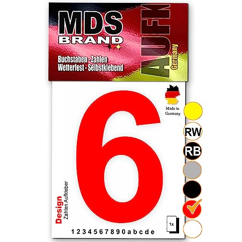 MDS Brand Design 15cm Zahlen Aufkleber Selbstklebende Klebezahlen für Briefkasten, Mülltonne & Hausnummeren Aufkleber für Außen & Innen, D-15 (6, Rot) von MDS Brand