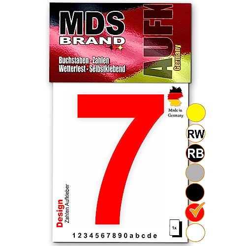 MDS Brand Design 15cm Zahlen Aufkleber Selbstklebende Klebezahlen für Briefkasten, Mülltonne & Hausnummeren Aufkleber für Außen & Innen, D-15 (7, Rot) von MDS Brand