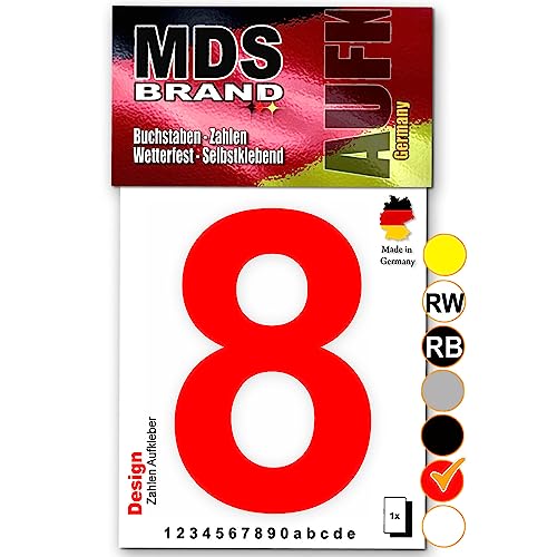 MDS Brand Design 15cm Zahlen Aufkleber Selbstklebende Klebezahlen für Briefkasten, Mülltonne & Hausnummeren Aufkleber für Außen & Innen, D-15 (8, Rot) von MDS Brand