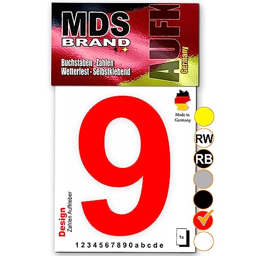 MDS Brand Design 15cm Zahlen Aufkleber Selbstklebende Klebezahlen für Briefkasten, Mülltonne & Hausnummeren Aufkleber für Außen & Innen, D-15 (9, Rot) von MDS Brand